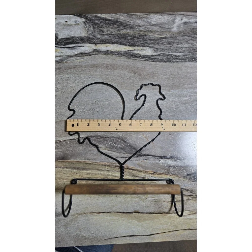 Country Rooster Metal Paper Towel Holder Black Wire Wood Farmhouse Kitchen